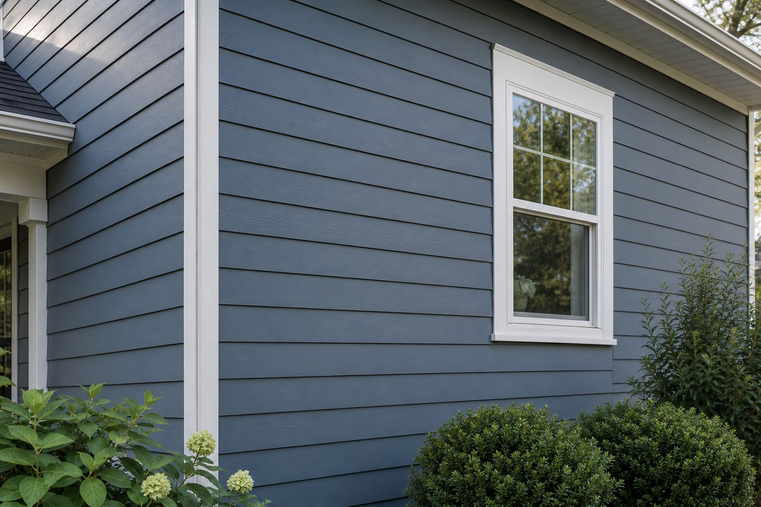 Corner of a house with new lap siding and white trim